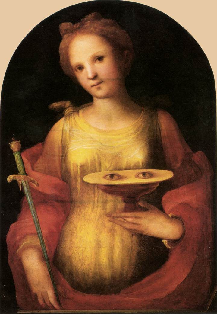 Saint Lucy is usually portrayed with her eyes on a platter. She is the patron saint of blind people.